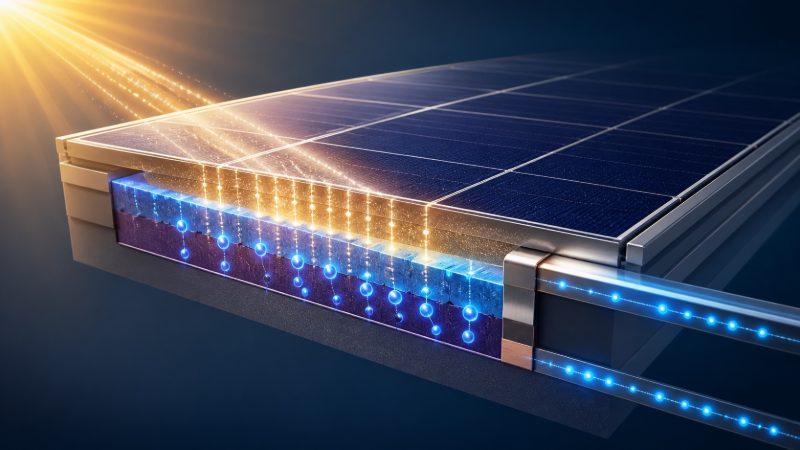 Güneş ışığının fotovoltaik hücrelerde elektrik akımına dönüşmesini gösteren özgün bilimsel görsel