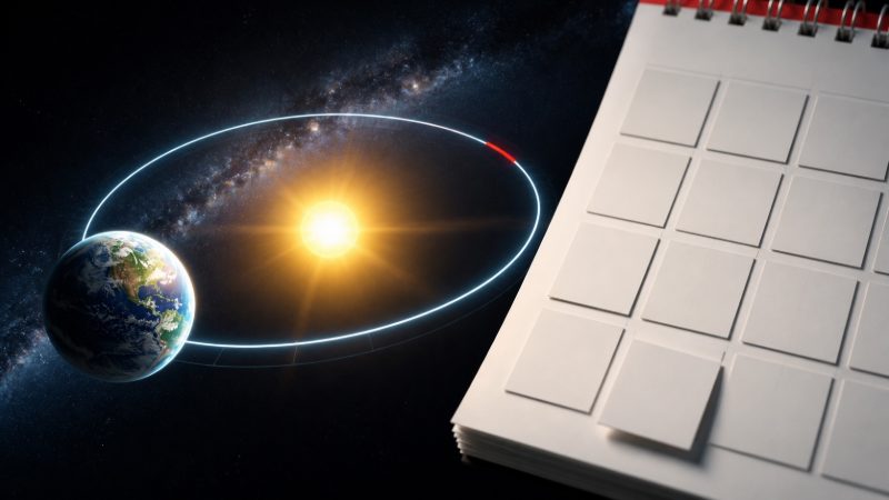 Dünyanın Güneş çevresindeki yörüngesi ile boş takvim karelerini gösteren özgün kapak