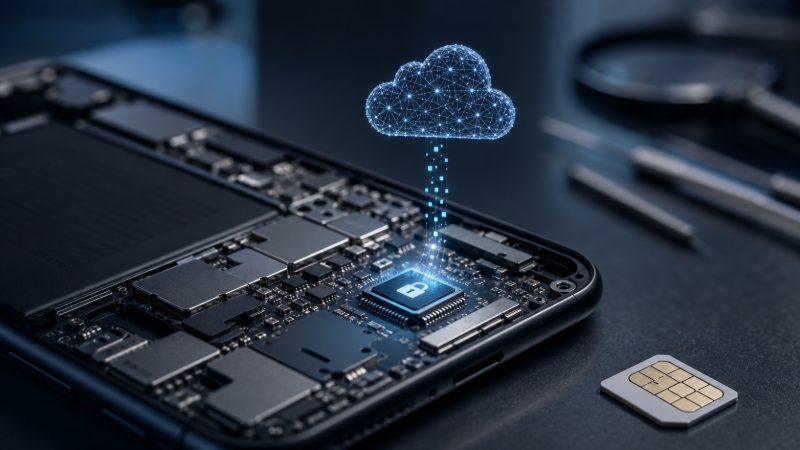 Telefon devresindeki gömülü güvenli çip ile fiziksel SIM kartı karşılaştıran özgün kapak