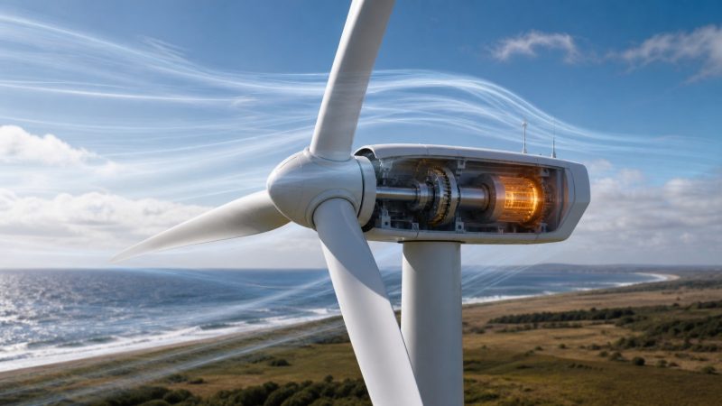 Rüzgâr türbini kanatlarından jeneratöre uzanan enerji dönüşümünü gösteren özgün görsel