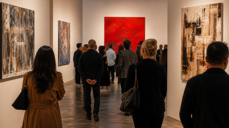 Çağdaş sanat galerisinde eserleri inceleyen ziyaretçiler