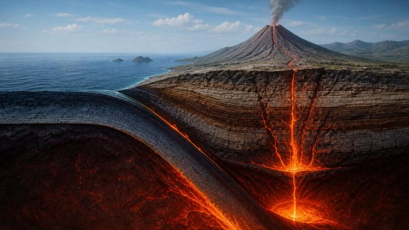 Tektonik plaka sınırında yükselen magma ve oluşan volkanı gösteren özgün kesit görseli